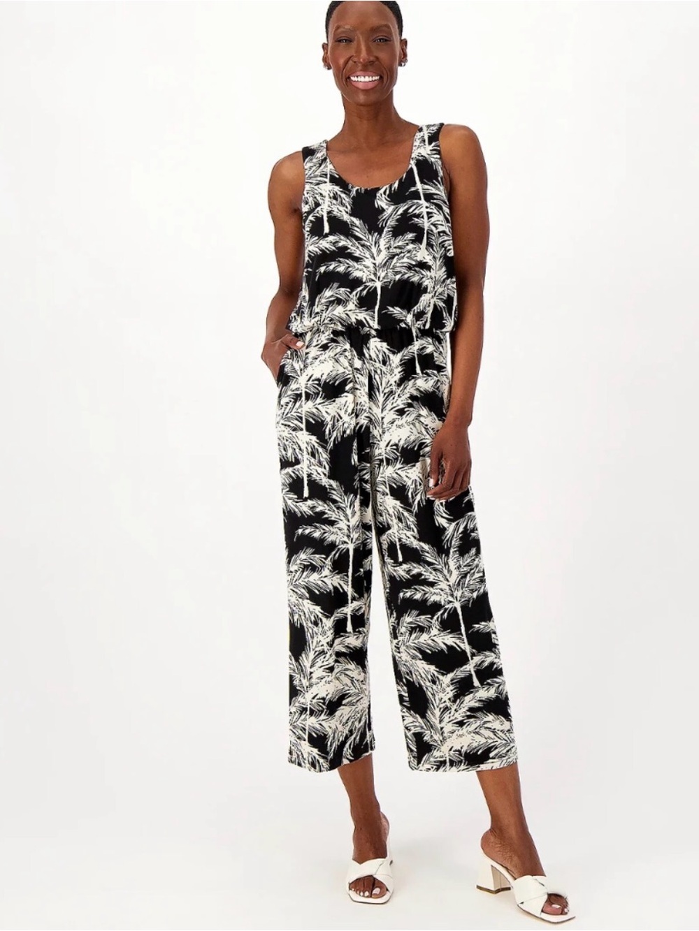 Belle by Kim Gravel Rayon Spandex Knit Tropical Palm Print Jumpsuit, XL